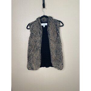 Sebby Womens Faux Fur Open Front Vest Black Brown Cable Knit Back S Polyester